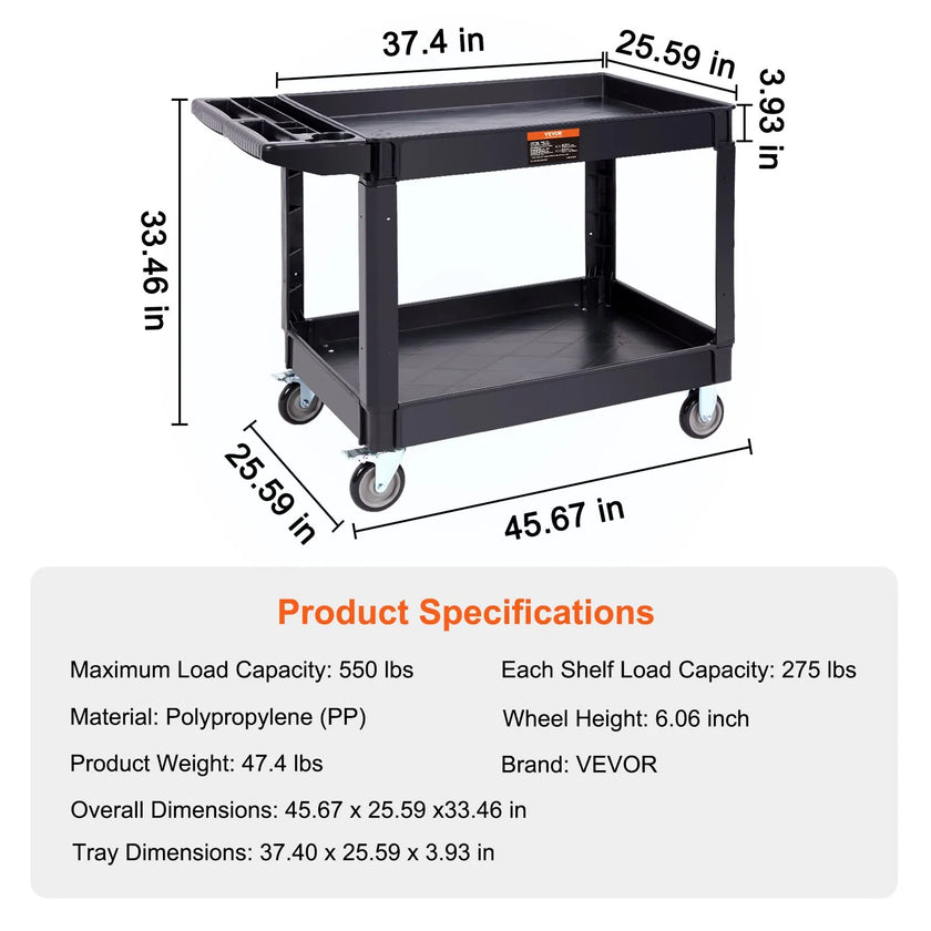 VEVOR Utility Service Cart 2 Shelf 550LBS 360° Swivel Wheels (2 with Brakes)