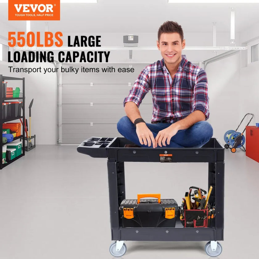 VEVOR Utility Service Cart, 2 Shelf 550LBS Heavy Duty Plastic Rolling Utility Cart with Swivel Wheels, Medium Lipped Shelf, Ergonomic Storage Handle for Warehouse/Garage/Cleaning/Office