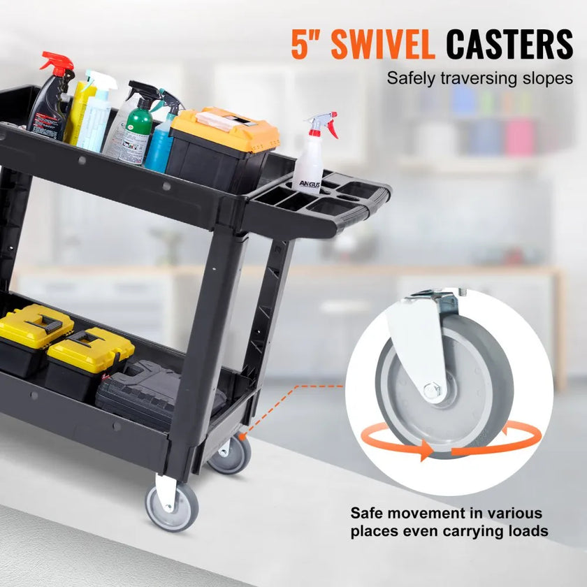 VEVOR Utility Service Cart, 2 Shelf 550LBS Heavy Duty Plastic Rolling Utility Cart with Swivel Wheels, Medium Lipped Shelf, Ergonomic Storage Handle for Warehouse/Garage/Cleaning/Office