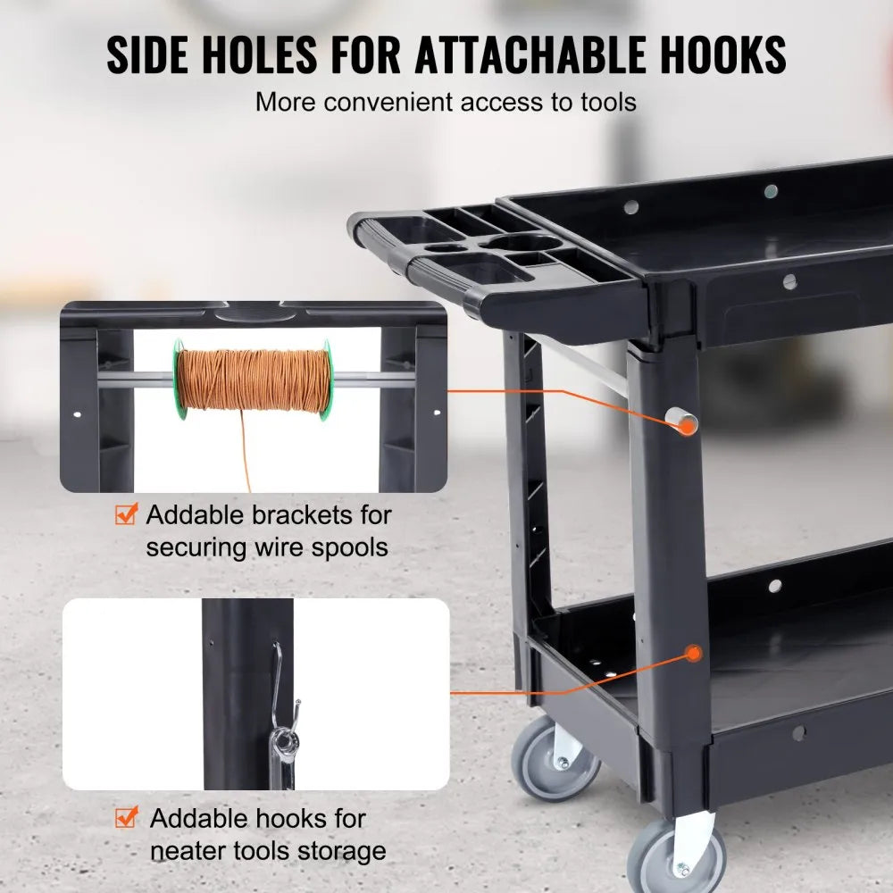VEVOR Utility Service Cart, 2 Shelf 550LBS Heavy Duty Plastic Rolling Utility Cart with Swivel Wheels, Medium Lipped Shelf, Ergonomic Storage Handle for Warehouse/Garage/Cleaning/Office