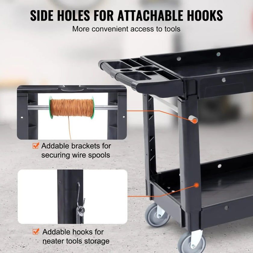 VEVOR Utility Service Cart, 2 Shelf 550LBS Heavy Duty Plastic Rolling Utility Cart with Swivel Wheels, Medium Lipped Shelf, Ergonomic Storage Handle for Warehouse/Garage/Cleaning/Office