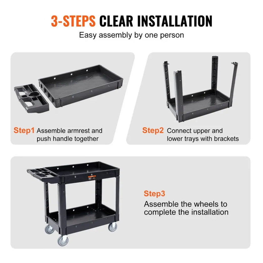 VEVOR Utility Service Cart, 2 Shelf 550LBS Heavy Duty Plastic Rolling Utility Cart with Swivel Wheels, Medium Lipped Shelf, Ergonomic Storage Handle for Warehouse/Garage/Cleaning/Office