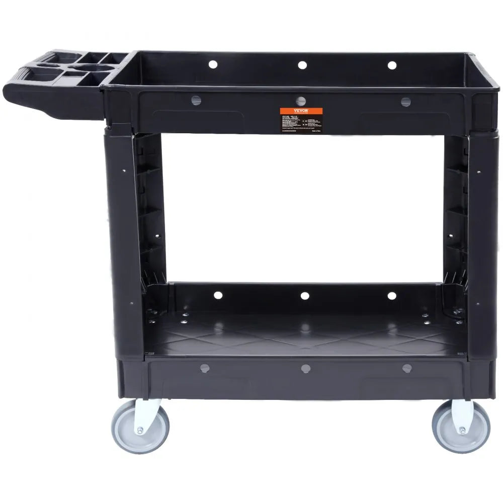 VEVOR Utility Service Cart, 2 Shelf 550LBS Heavy Duty Plastic Rolling Utility Cart with Swivel Wheels, Medium Lipped Shelf, Ergonomic Storage Handle for Warehouse/Garage/Cleaning/Office
