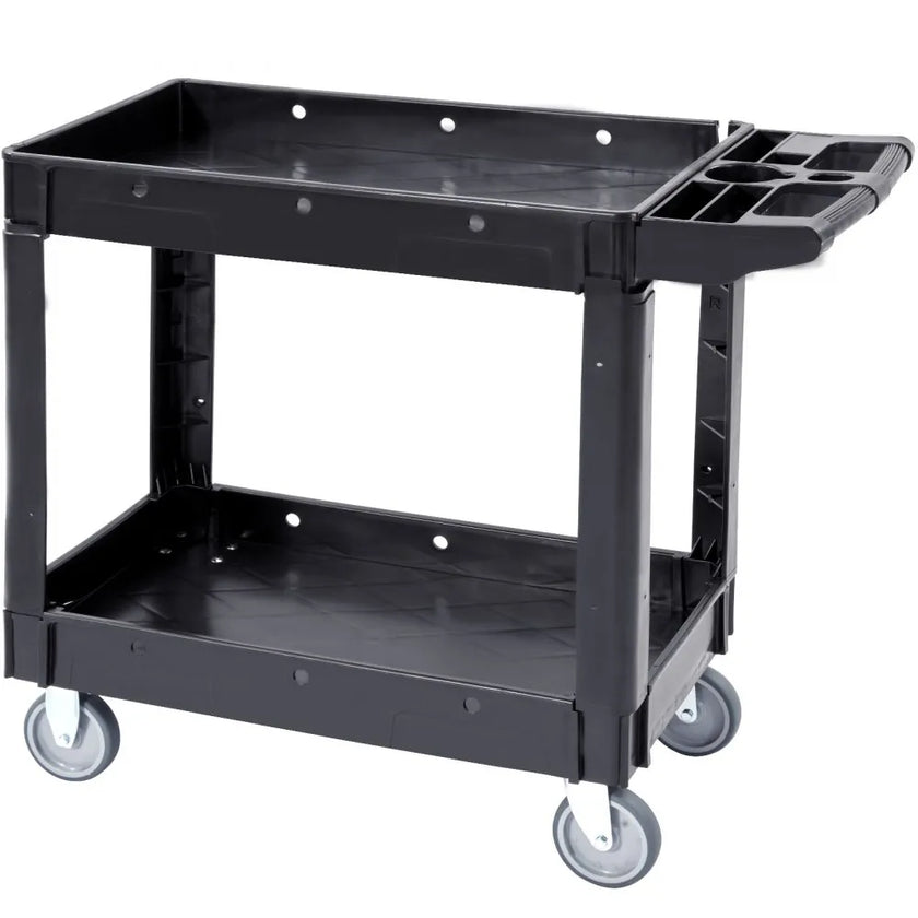 VEVOR Utility Service Cart, 2 Shelf 550LBS Heavy Duty Plastic Rolling Utility Cart with Swivel Wheels, Medium Lipped Shelf, Ergonomic Storage Handle for Warehouse/Garage/Cleaning/Office