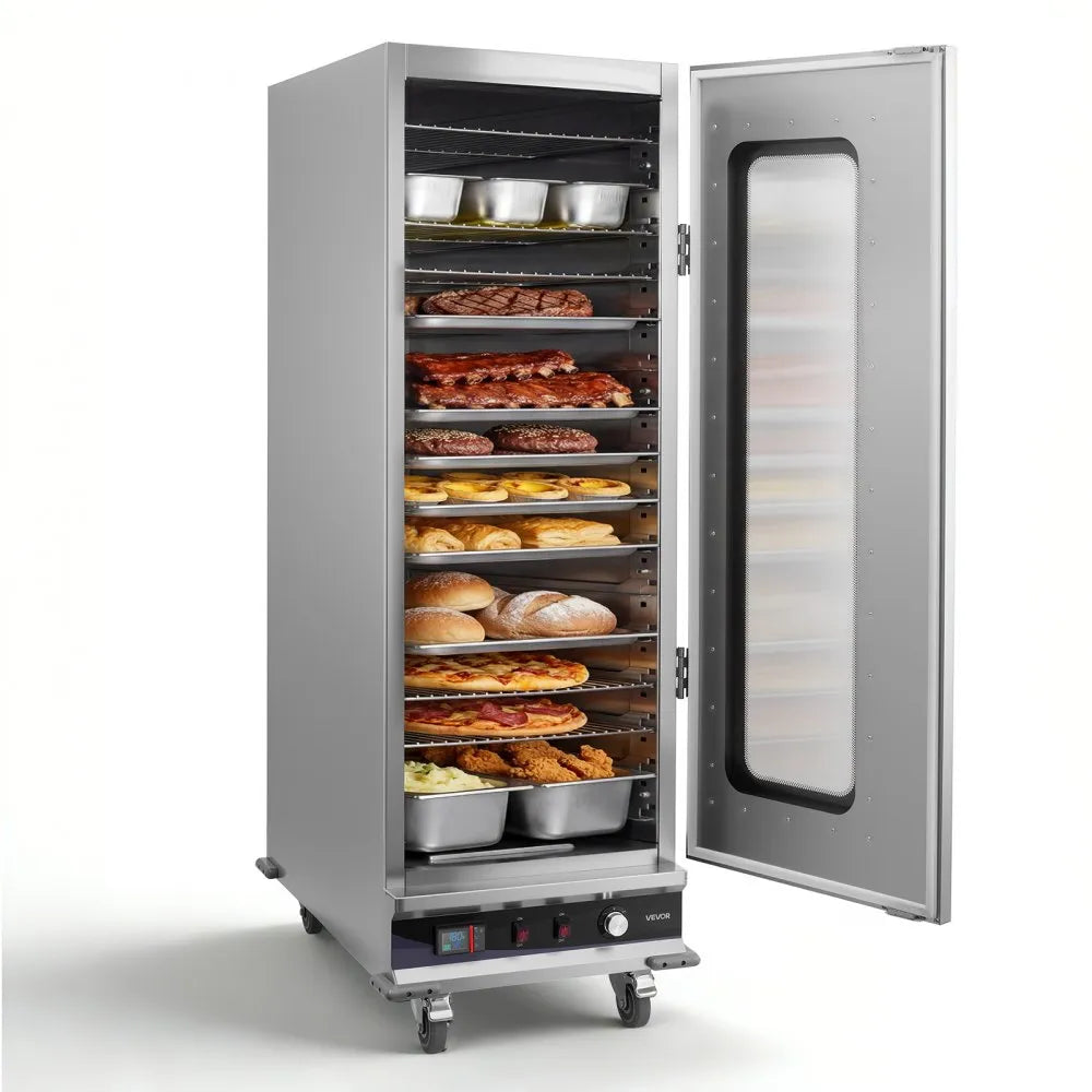 16-Tier Commercial Food Warming Cabinet, 1800W Stainless Steel Hot Box with Glass Door, Adjustable Shelves & Water Tray