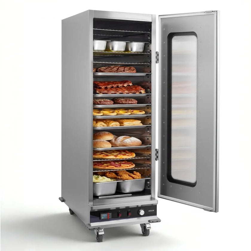 16-Tier Commercial Food Warming Cabinet, 1800W Stainless Steel Hot Box with Glass Door, Adjustable Shelves & Water Tray