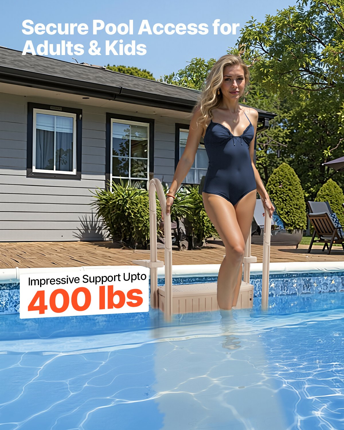 VEVOR 3-Step Taupe Pool Ladder of 2 Handrails Supports 400 lb for 36-48 In Pools