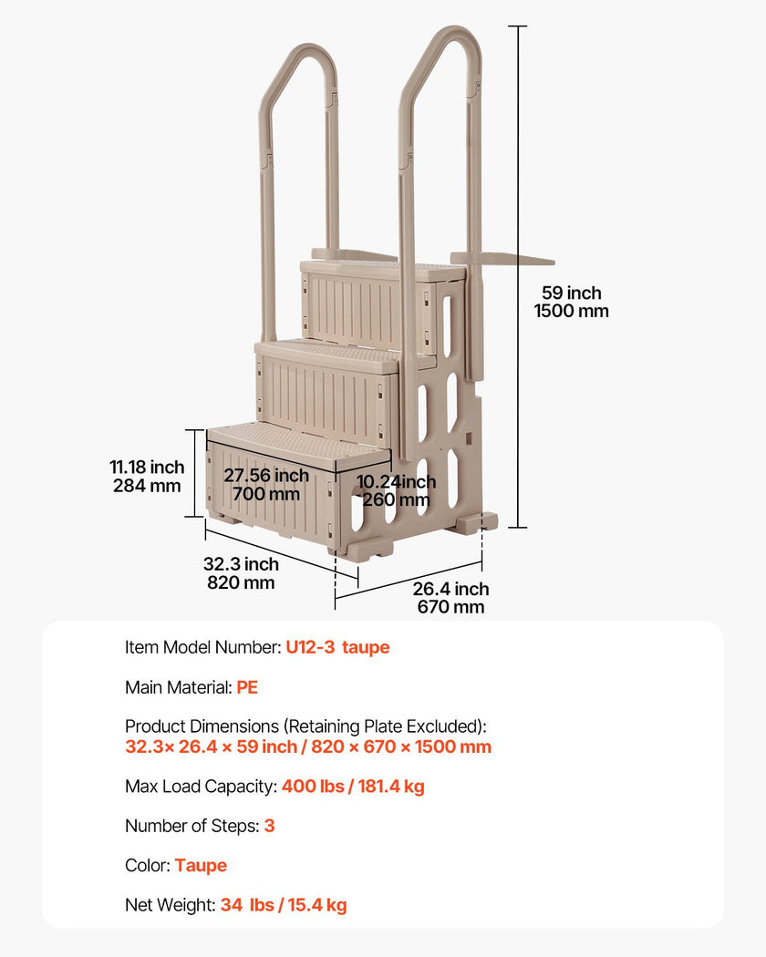 VEVOR 3-Step Taupe Pool Ladder of 2 Handrails Supports 400 lb for 36-48 In Pools