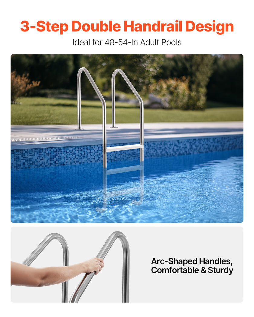 VEVOR Robust Stainless Steel Pool Ladder 3-Step & 2 Handrails for 48-54 In Pool