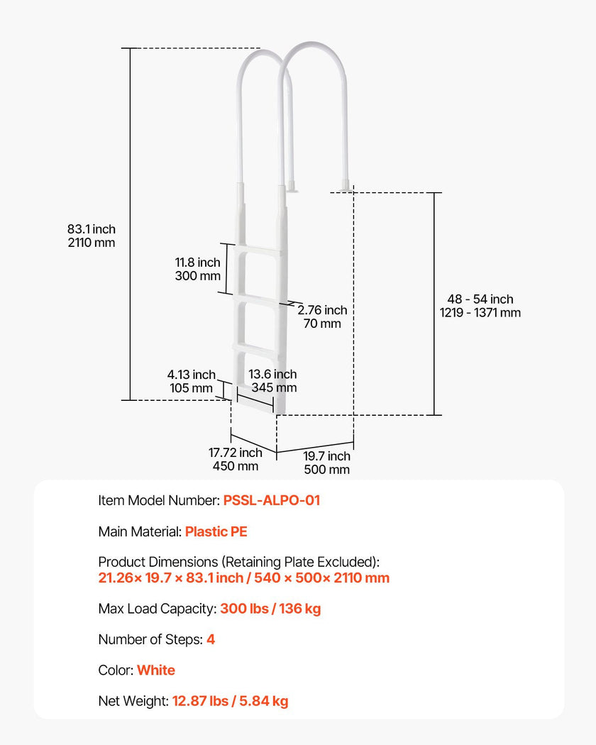 VEVOR Thickened 4-Step Pool Ladder 2 Handrails Loads 300 lb for 48-54 In Pool