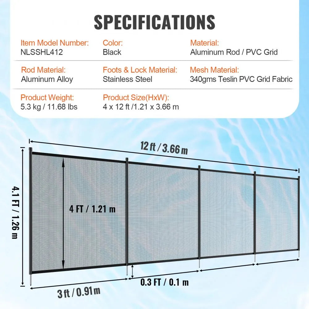 VEVOR Pool Fence, 4 x 12 FT Pool Fences for Inground Pools, Removable Child Safety Pool Fencing, Easy DIY Installation Swimming Pool Fence, 340gms Teslin PVC Pool Fence Mesh Protects Kids and Pets