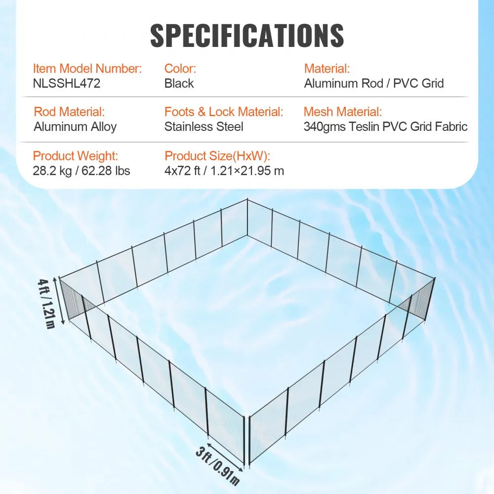VEVOR Pool Fence, 4 x 72 FT Pool Fences for Inground Pools, Removable Child Safety Pool Fencing, Easy DIY Installation Swimming Pool Fence, 340gms Teslin PVC Pool Fence Mesh Protects Kids and Pets