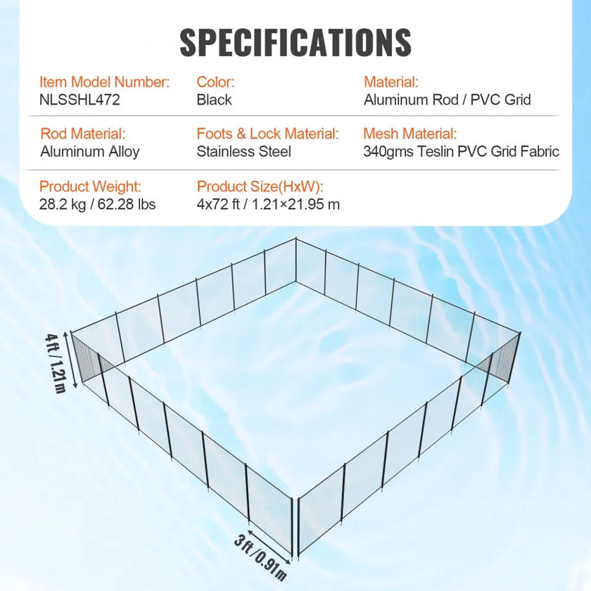 VEVOR Pool Fence, 4 x 72 FT Pool Fences for Inground Pools, Removable Child Safety Pool Fencing, Easy DIY Installation Swimming Pool Fence, 340gms Teslin PVC Pool Fence Mesh Protects Kids and Pets