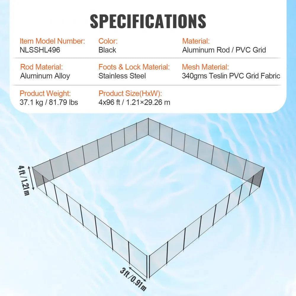 VEVOR Pool Fence, 4 x 96 FT Pool Fences for Inground Pools, Removable Child Safety Pool Fencing, Easy DIY Installation Swimming Pool Fence, 340gms Teslin PVC Pool Fence Mesh Protects Kids and Pets