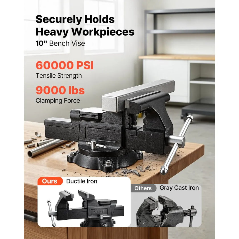 Heavy Duty Bench Vise 10-Inch, Ductile Iron Workbench Vise with 360° Swivel Base, Anvil & Pipe Jaws, 9,000 lb Clamping Force