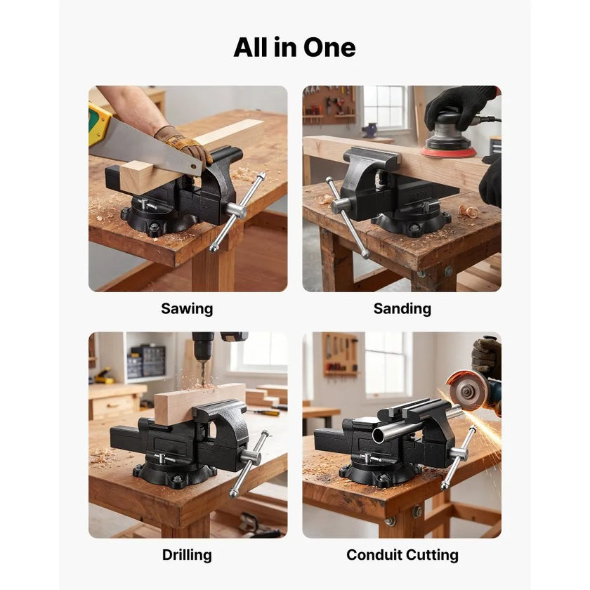 Heavy Duty Bench Vise 10-Inch, Ductile Iron Workbench Vise with 360° Swivel Base, Anvil & Pipe Jaws, 9,000 lb Clamping Force