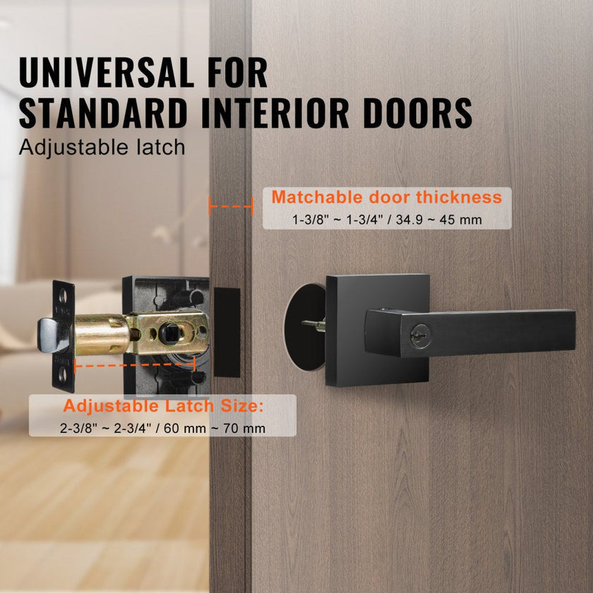 VEVOR Entry Lever Door Handle, 1 PC Black Entry Knob, Lock and Key Locking Lever Set, Contemporary Square Door Lever, Reversible for Right and Left Sided Doors, 45° Rotation to Open, for Front Door