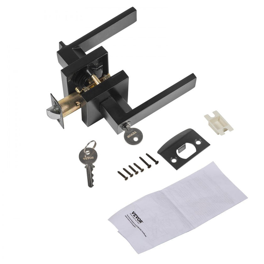 VEVOR Entry Lever Door Handle, 1 PC Black Entry Knob, Lock and Key Locking Lever Set, Contemporary Square Door Lever, Reversible for Right and Left Sided Doors, 45° Rotation to Open, for Front Door