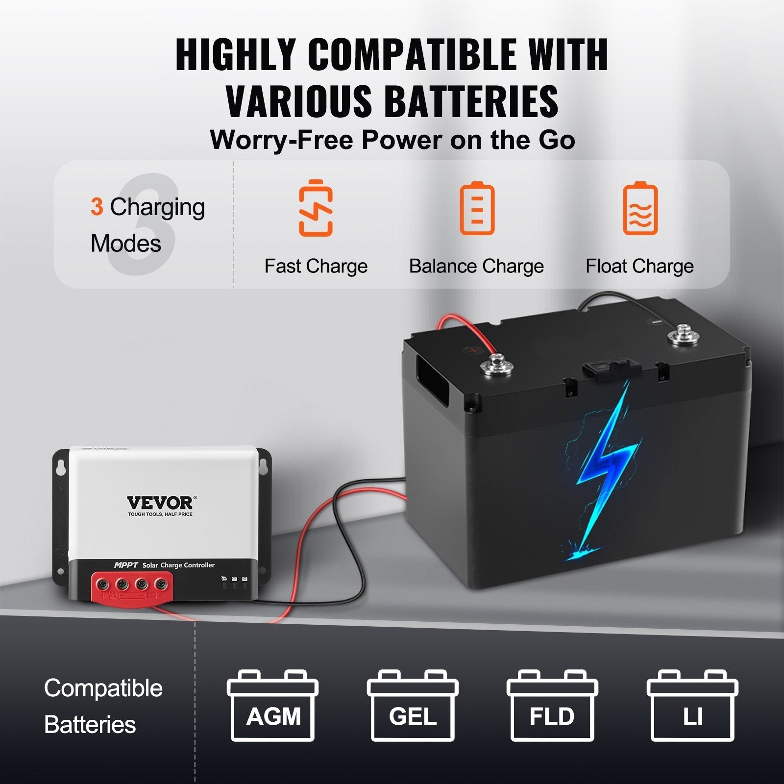 VEVOR 50A MPPT Solar Charge Controller, 12V / 24V Auto DC Input, Solar Panel Regulator Charger with Bluetooth Module, 98% Charging Efficiency for Sealed(AGM), Gel, Flooded and Lithium Battery Charging