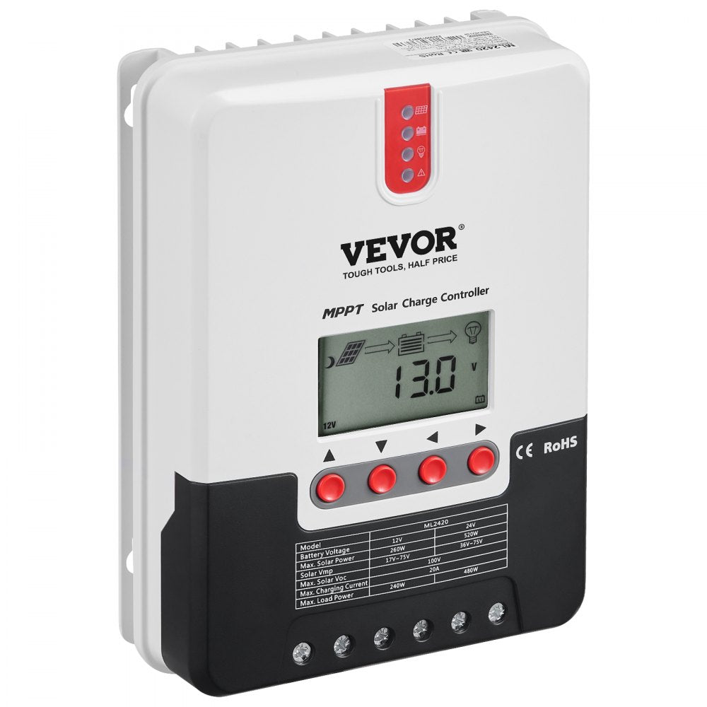 VEVOR 20A MPPT Solar Charge Controller, 12V / 24V Auto DC Input, Solar Panel Regulator Charger with LCD Display Temperature Sensor Cable, for Sealed(AGM), Gel, Flooded and Lithium Battery Charging