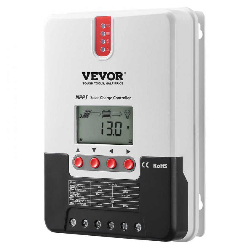 VEVOR 20A MPPT Solar Charge Controller, 12V / 24V Auto DC Input, Solar Panel Regulator Charger with LCD Display Temperature Sensor Cable, for Sealed(AGM), Gel, Flooded and Lithium Battery Charging