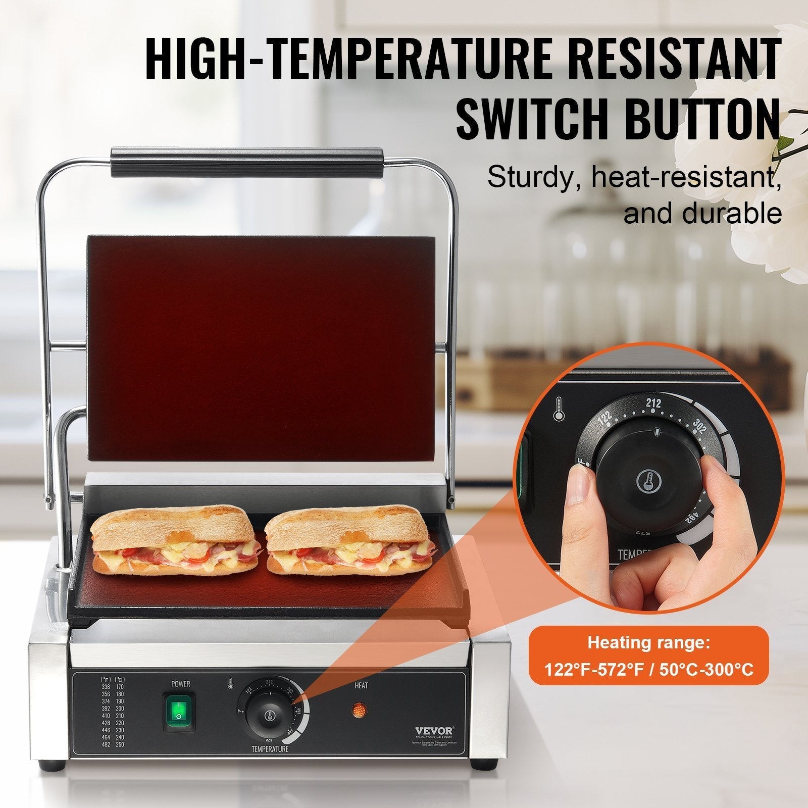 VEVOR Commercial Panini Press Grill Electric Sandwich Maker Griddle Plate 14