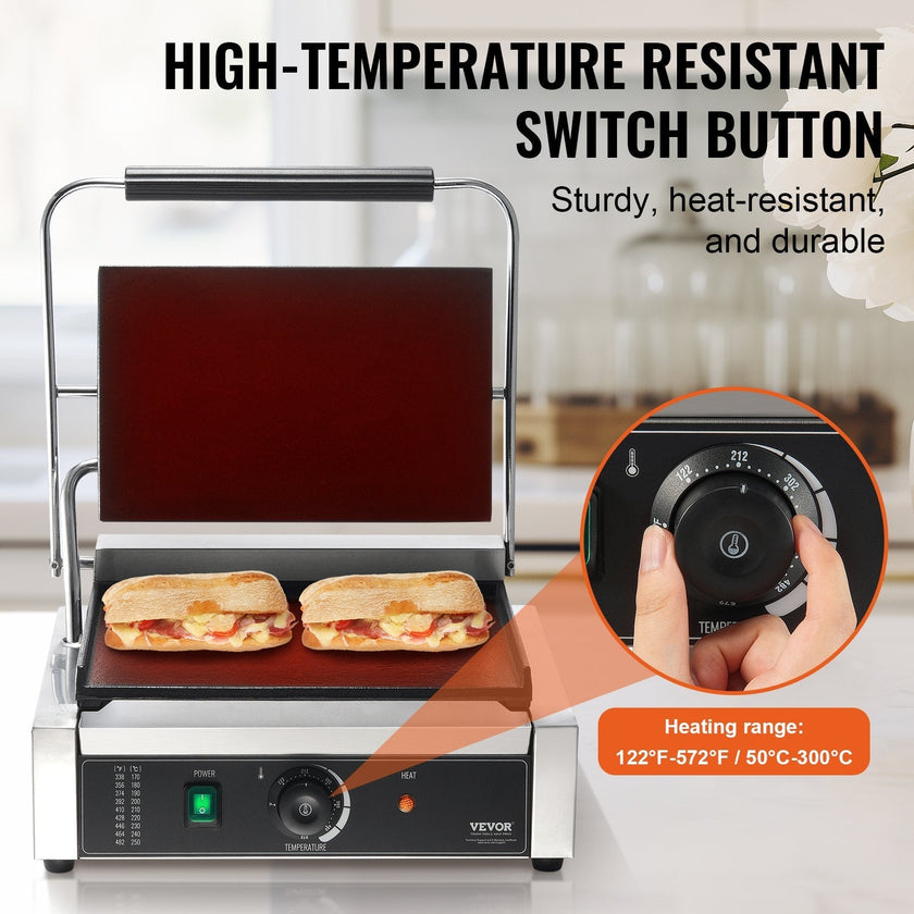 VEVOR Commercial Panini Press Grill Electric Sandwich Maker Griddle Plate 14
