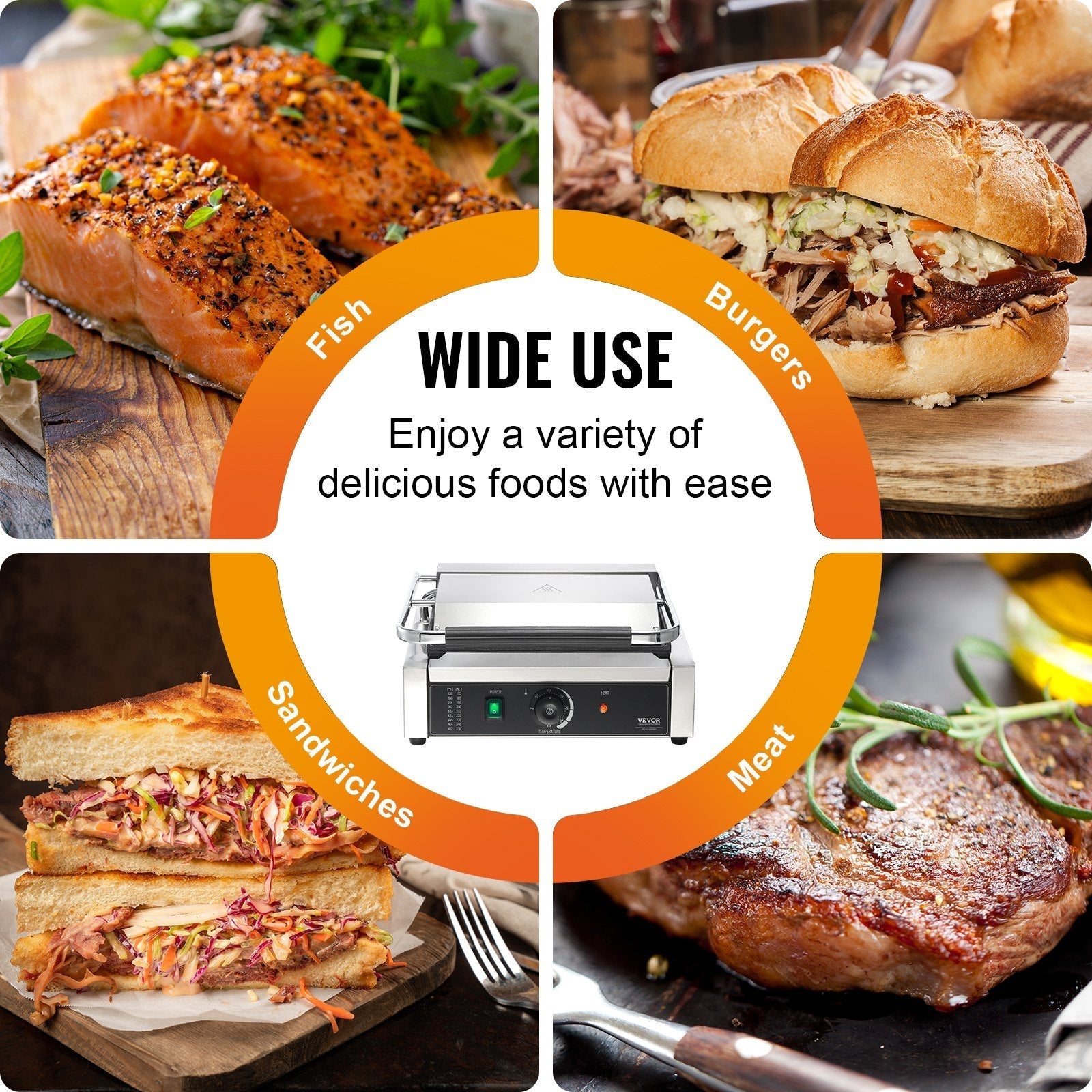 VEVOR Commercial Panini Press Grill Electric Sandwich Maker Griddle Plate 14