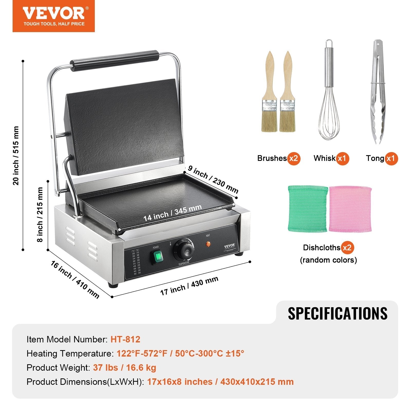 VEVOR Commercial Panini Press Grill Electric Sandwich Maker Griddle Plate 14
