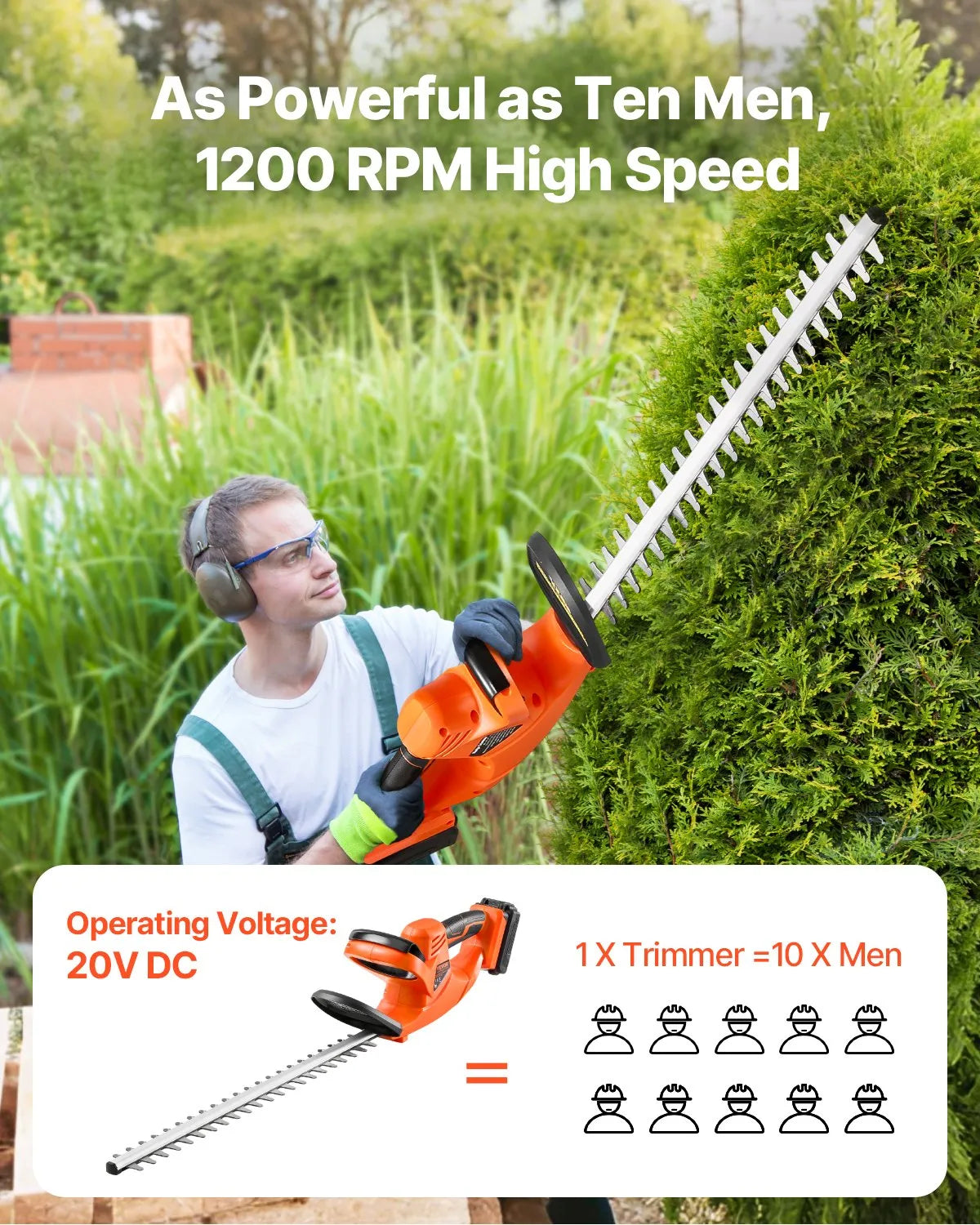 VEVOR Cordless Electric Hedge Trimmer 20V 2A Battery 20in Dual-Action Blade