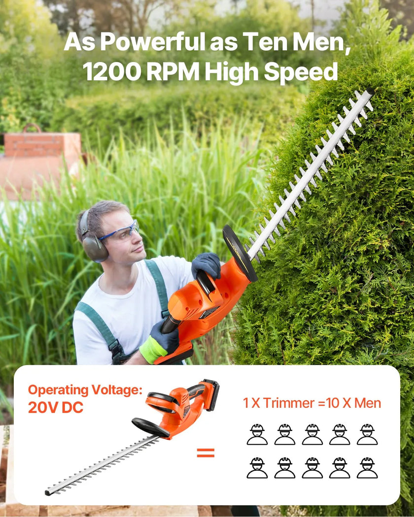 VEVOR Cordless Electric Hedge Trimmer 20V 2A Battery 20in Dual-Action Blade