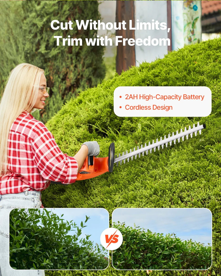 VEVOR Cordless Electric Hedge Trimmer 20V 2A Battery 20in Dual-Action Blade