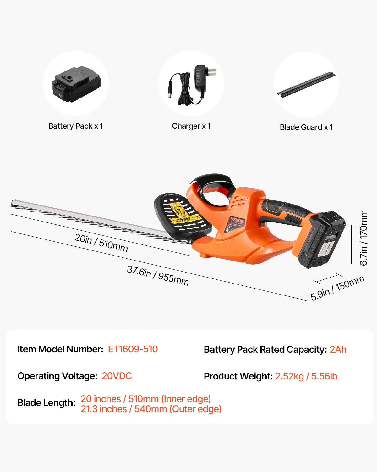 VEVOR Cordless Electric Hedge Trimmer 20V 2A Battery 20in Dual-Action Blade