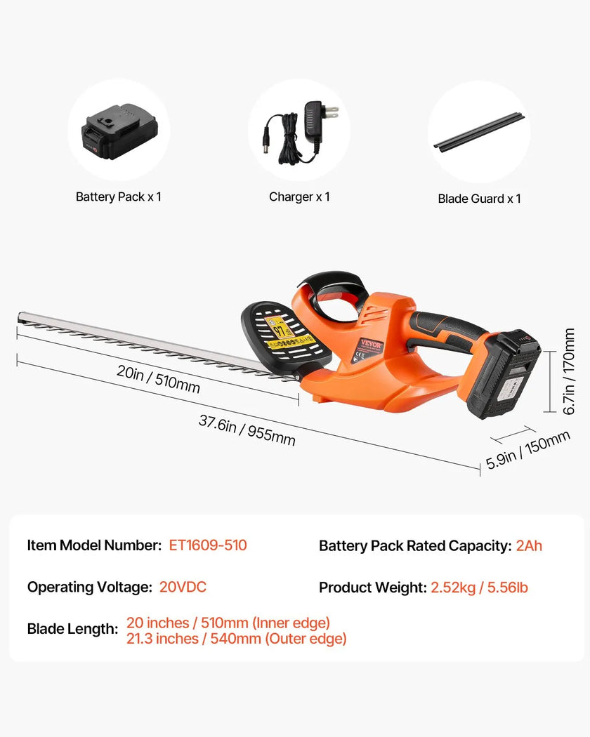 VEVOR Cordless Electric Hedge Trimmer 20V 2A Battery 20in Dual-Action Blade