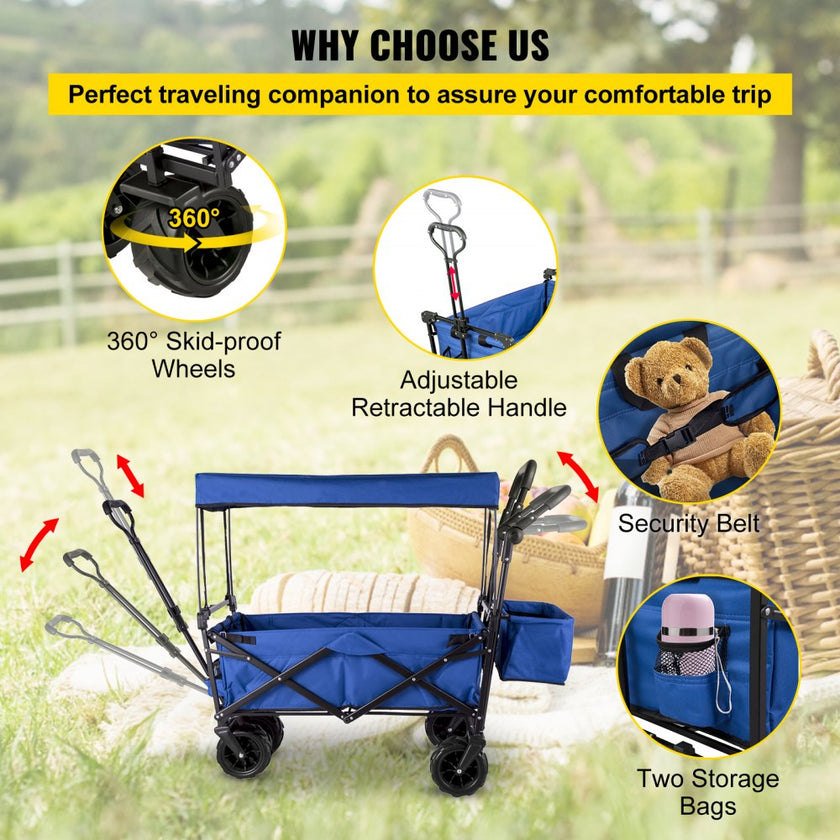 VEVOR Blue Collapsible Wagon Cart, Foldable Wagon Cart Removable Canopy 600D Oxford Cloth, Collapsible Wagon Oversized Wheels, Portable Folding Wagon Adjustable Handles, For Beach, Garden, Sports