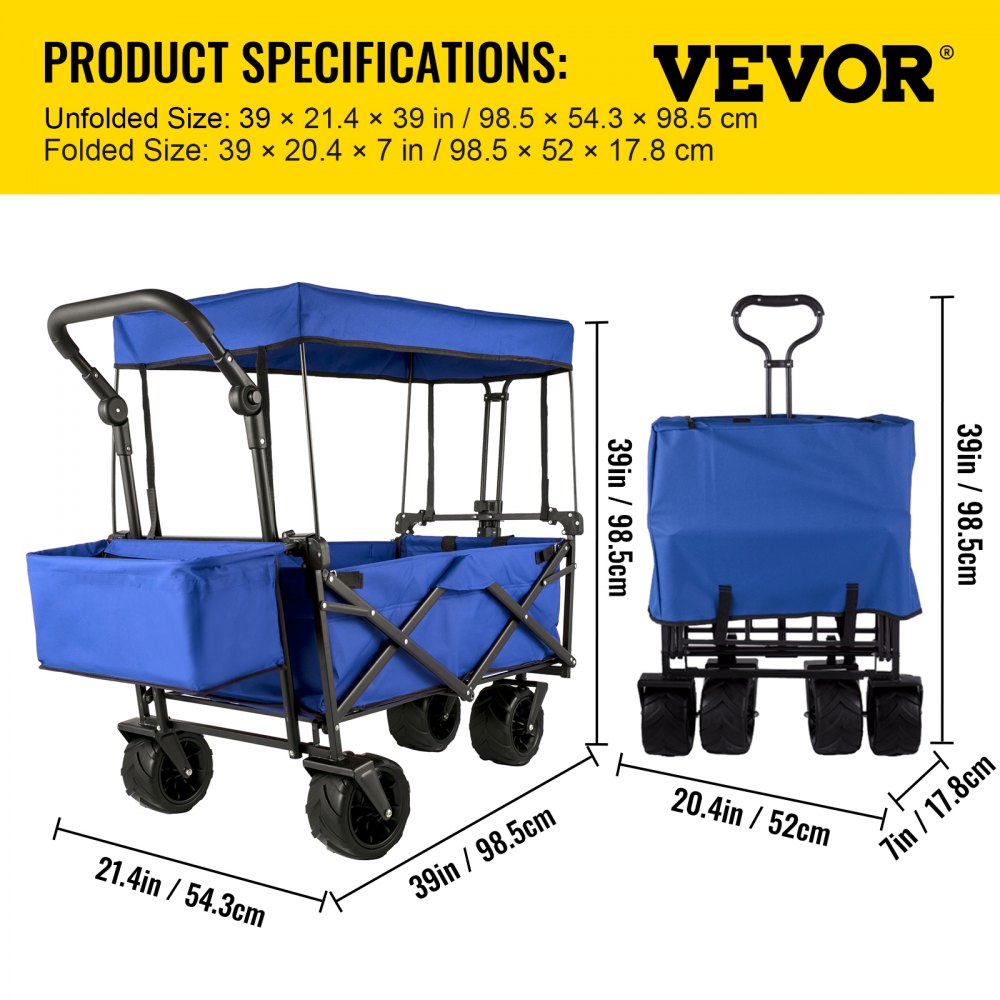 VEVOR Blue Collapsible Wagon Cart, Foldable Wagon Cart Removable Canopy 600D Oxford Cloth, Collapsible Wagon Oversized Wheels, Portable Folding Wagon Adjustable Handles, For Beach, Garden, Sports
