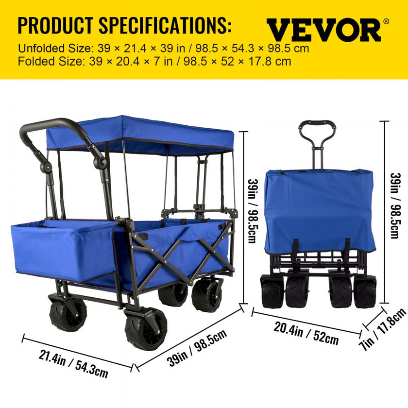 VEVOR Blue Collapsible Wagon Cart, Foldable Wagon Cart Removable Canopy 600D Oxford Cloth, Collapsible Wagon Oversized Wheels, Portable Folding Wagon Adjustable Handles, For Beach, Garden, Sports