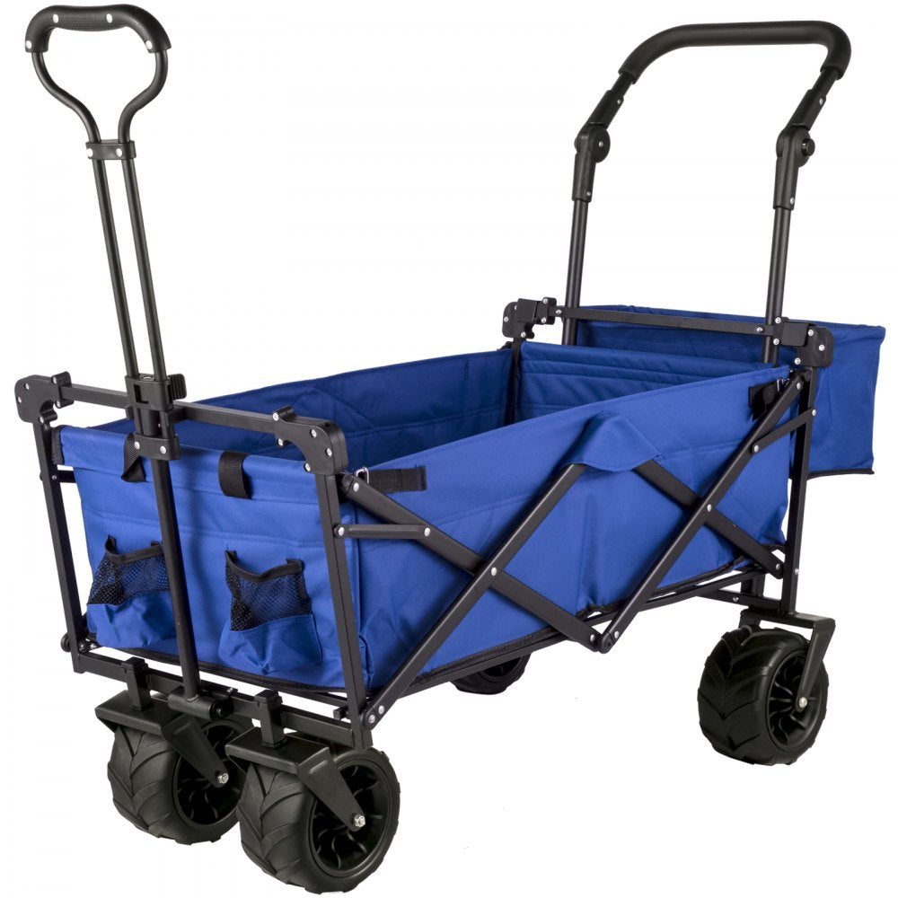 VEVOR Blue Collapsible Wagon Cart, Foldable Wagon Cart Removable Canopy 600D Oxford Cloth, Collapsible Wagon Oversized Wheels, Portable Folding Wagon Adjustable Handles, For Beach, Garden, Sports