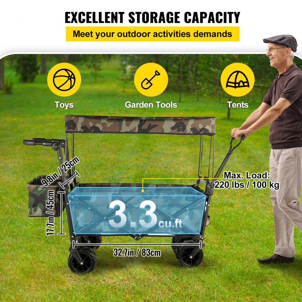 VEVOR Collapsible Wagon Cart Camouflage, Foldable Wagon Cart Removable Canopy 600D Oxford Cloth, Collapsible Wagon Oversized Wheels, Portable Folding Wagon Adjustable Handles, Beach, Garden, Sports