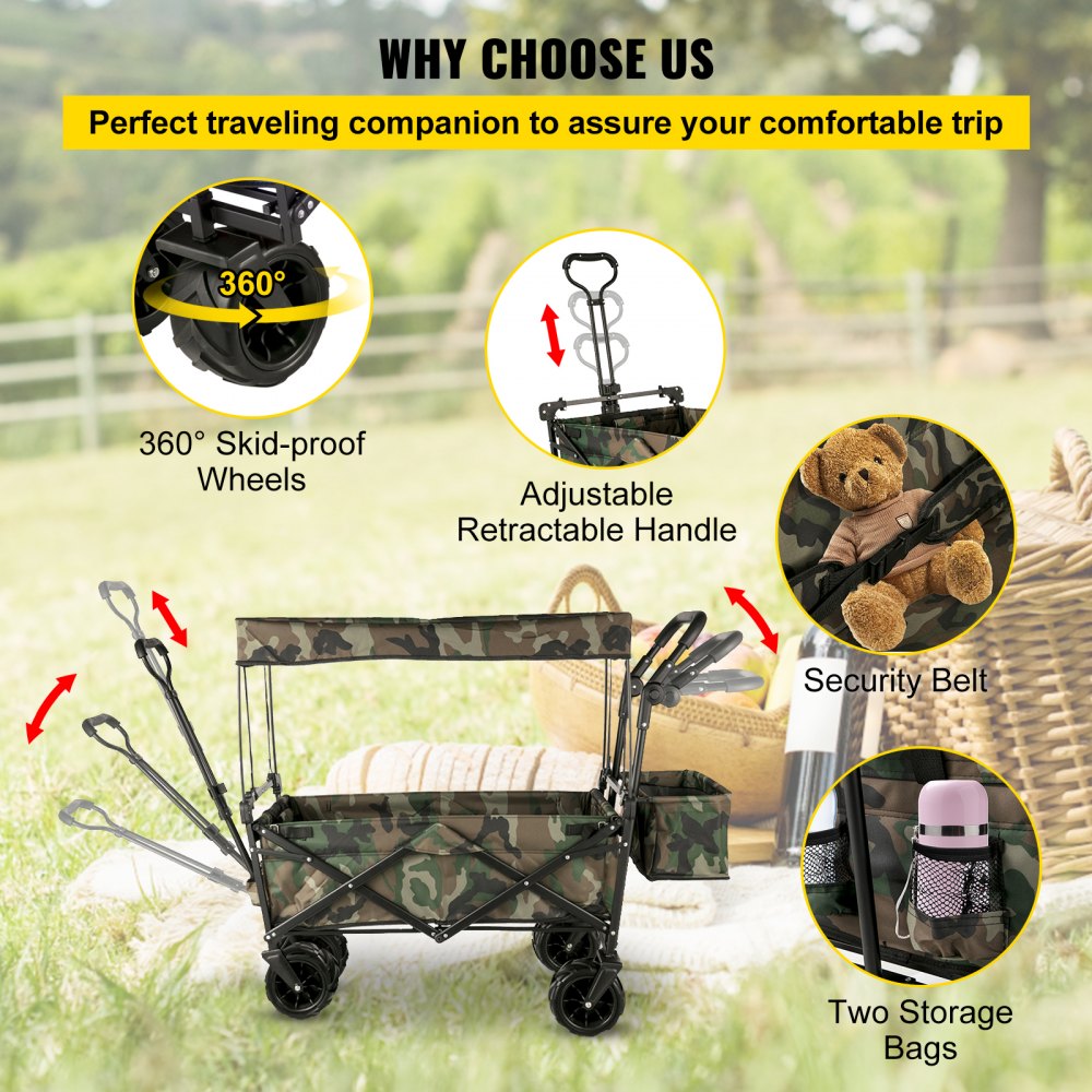 VEVOR Collapsible Wagon Cart Camouflage, Foldable Wagon Cart Removable Canopy 600D Oxford Cloth, Collapsible Wagon Oversized Wheels, Portable Folding Wagon Adjustable Handles, Beach, Garden, Sports