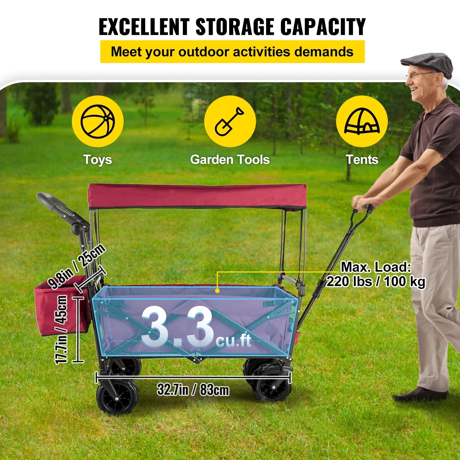 VEVOR Red Collapsible Wagon Cart, Foldable Wagon Cart Removable Canopy 600D Oxford Cloth, Collapsible Wagon Oversized Wheels Portable Folding Wagon Adjustable Handles, For Beach, Garden, Sports