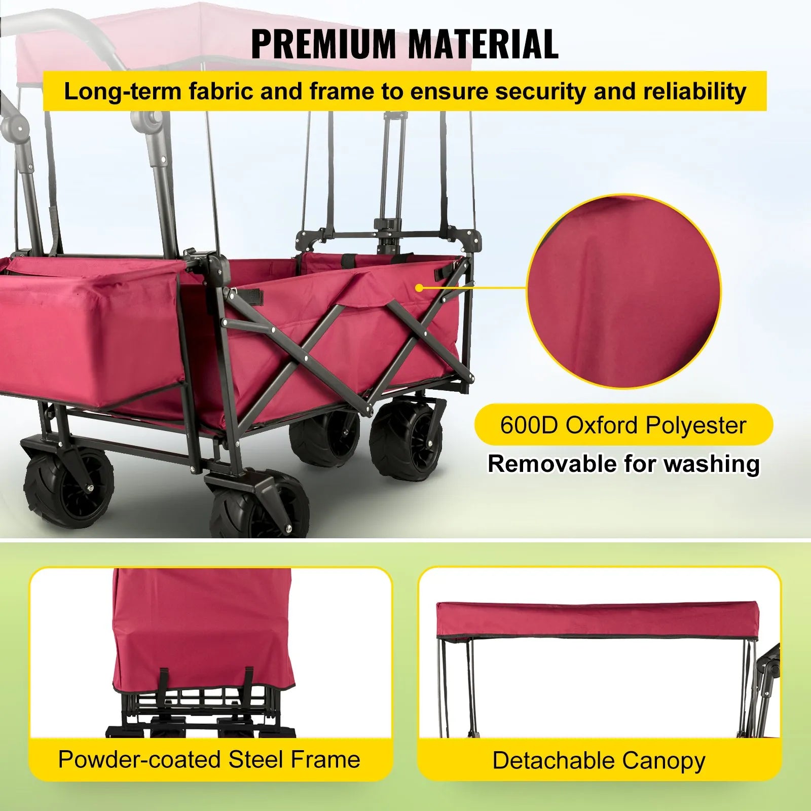 VEVOR Red Collapsible Wagon Cart, Foldable Wagon Cart Removable Canopy 600D Oxford Cloth, Collapsible Wagon Oversized Wheels Portable Folding Wagon Adjustable Handles, For Beach, Garden, Sports