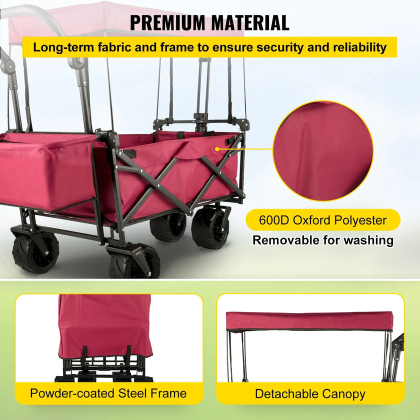 VEVOR Red Collapsible Wagon Cart, Foldable Wagon Cart Removable Canopy 600D Oxford Cloth, Collapsible Wagon Oversized Wheels Portable Folding Wagon Adjustable Handles, For Beach, Garden, Sports