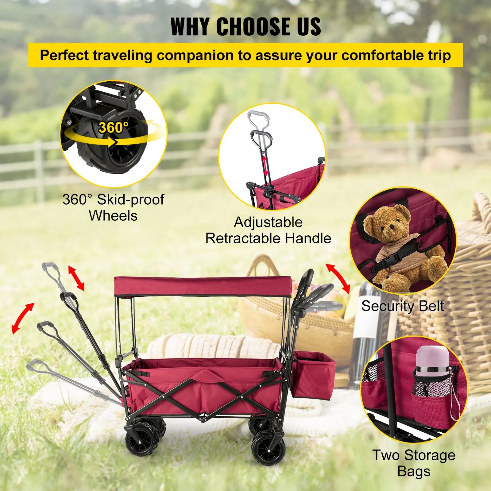 VEVOR Red Collapsible Wagon Cart, Foldable Wagon Cart Removable Canopy 600D Oxford Cloth, Collapsible Wagon Oversized Wheels Portable Folding Wagon Adjustable Handles, For Beach, Garden, Sports