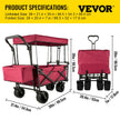 VEVOR Red Collapsible Wagon Cart, Foldable Wagon Cart Removable Canopy 600D Oxford Cloth, Collapsible Wagon Oversized Wheels Portable Folding Wagon Adjustable Handles, For Beach, Garden, Sports