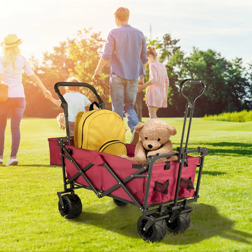VEVOR Red Collapsible Wagon Cart, Foldable Wagon Cart Removable Canopy 600D Oxford Cloth, Collapsible Wagon Oversized Wheels Portable Folding Wagon Adjustable Handles, For Beach, Garden, Sports