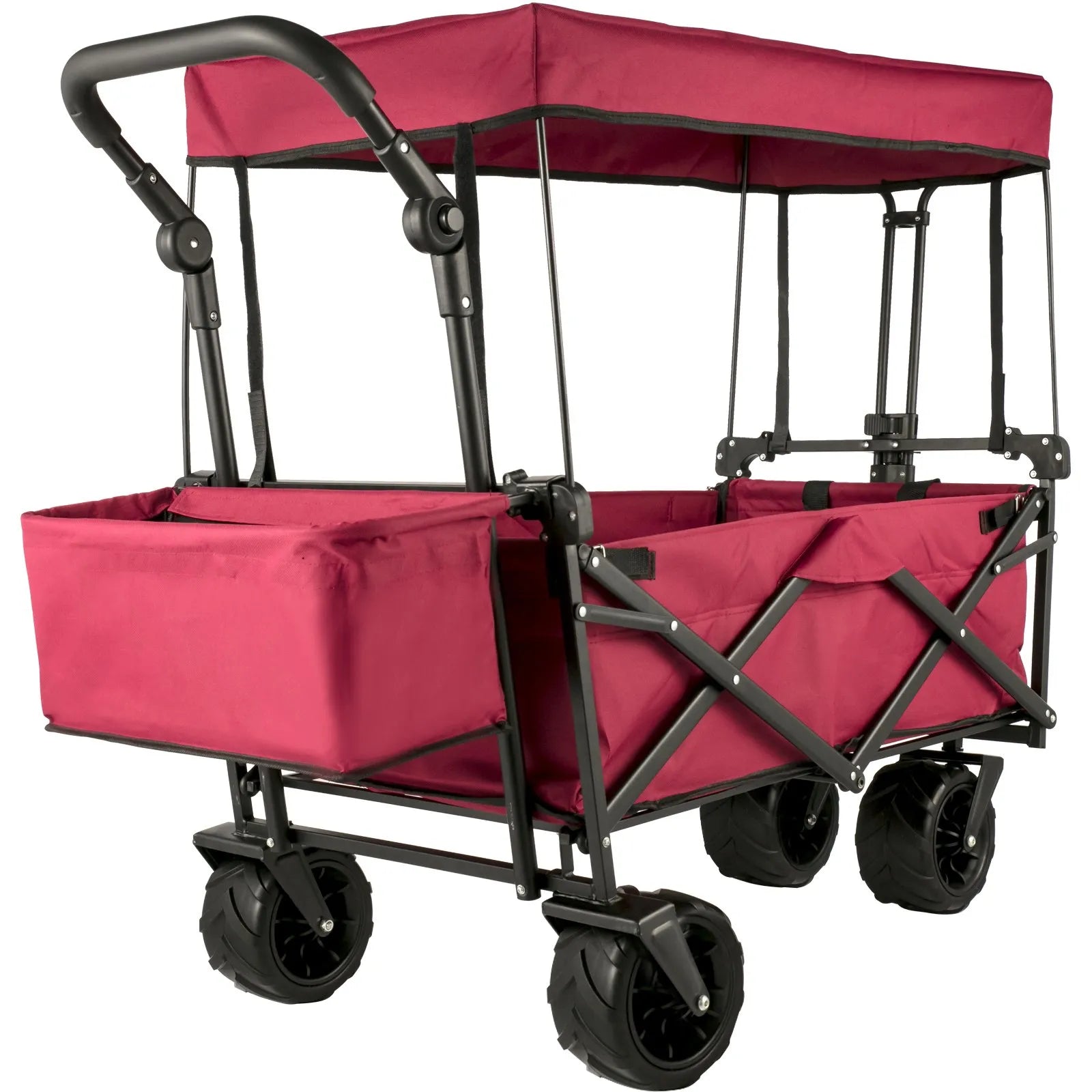 VEVOR Red Collapsible Wagon Cart, Foldable Wagon Cart Removable Canopy 600D Oxford Cloth, Collapsible Wagon Oversized Wheels Portable Folding Wagon Adjustable Handles, For Beach, Garden, Sports