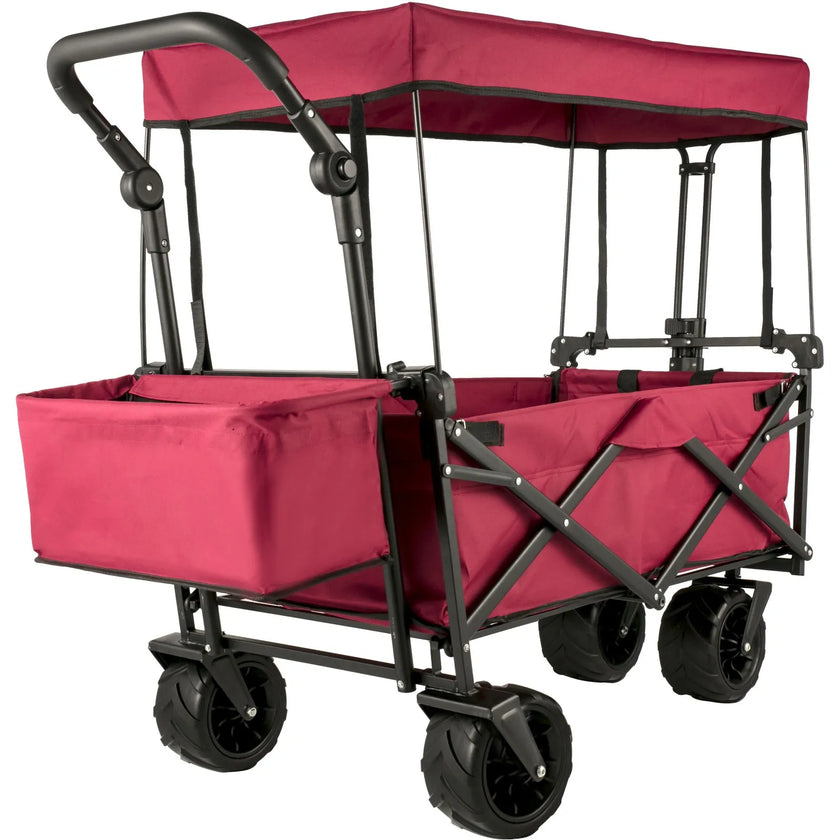 VEVOR Red Collapsible Wagon Cart, Foldable Wagon Cart Removable Canopy 600D Oxford Cloth, Collapsible Wagon Oversized Wheels Portable Folding Wagon Adjustable Handles, For Beach, Garden, Sports