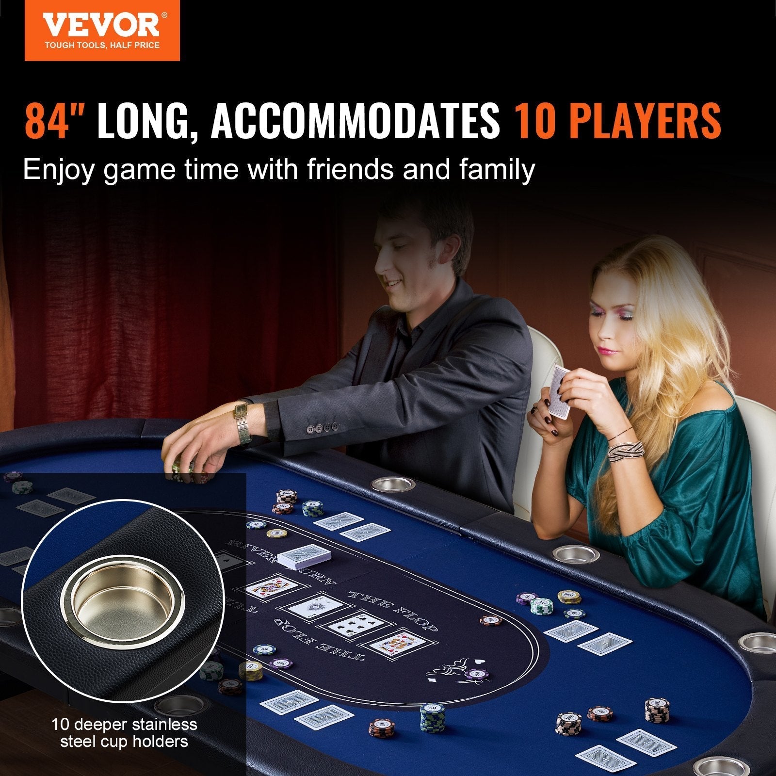 VEVOR 10 Player Foldable Poker Table, Blackjack Texas Holdem Poker Table with Padded Rails and Stainless Steel Cup Holders, Portable Folding Card Board Game Table, 84