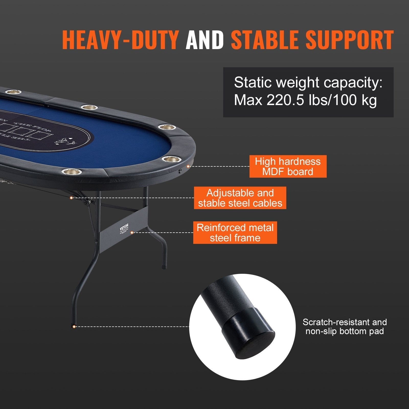 VEVOR 10 Player Foldable Poker Table, Blackjack Texas Holdem Poker Table with Padded Rails and Stainless Steel Cup Holders, Portable Folding Card Board Game Table, 84
